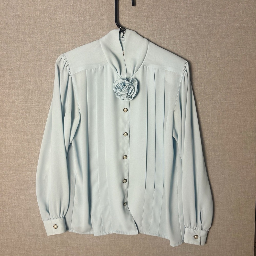Vintage‎ 80's Blue Blouse Button Up Coquette Office Small Removable Flower Sz S
